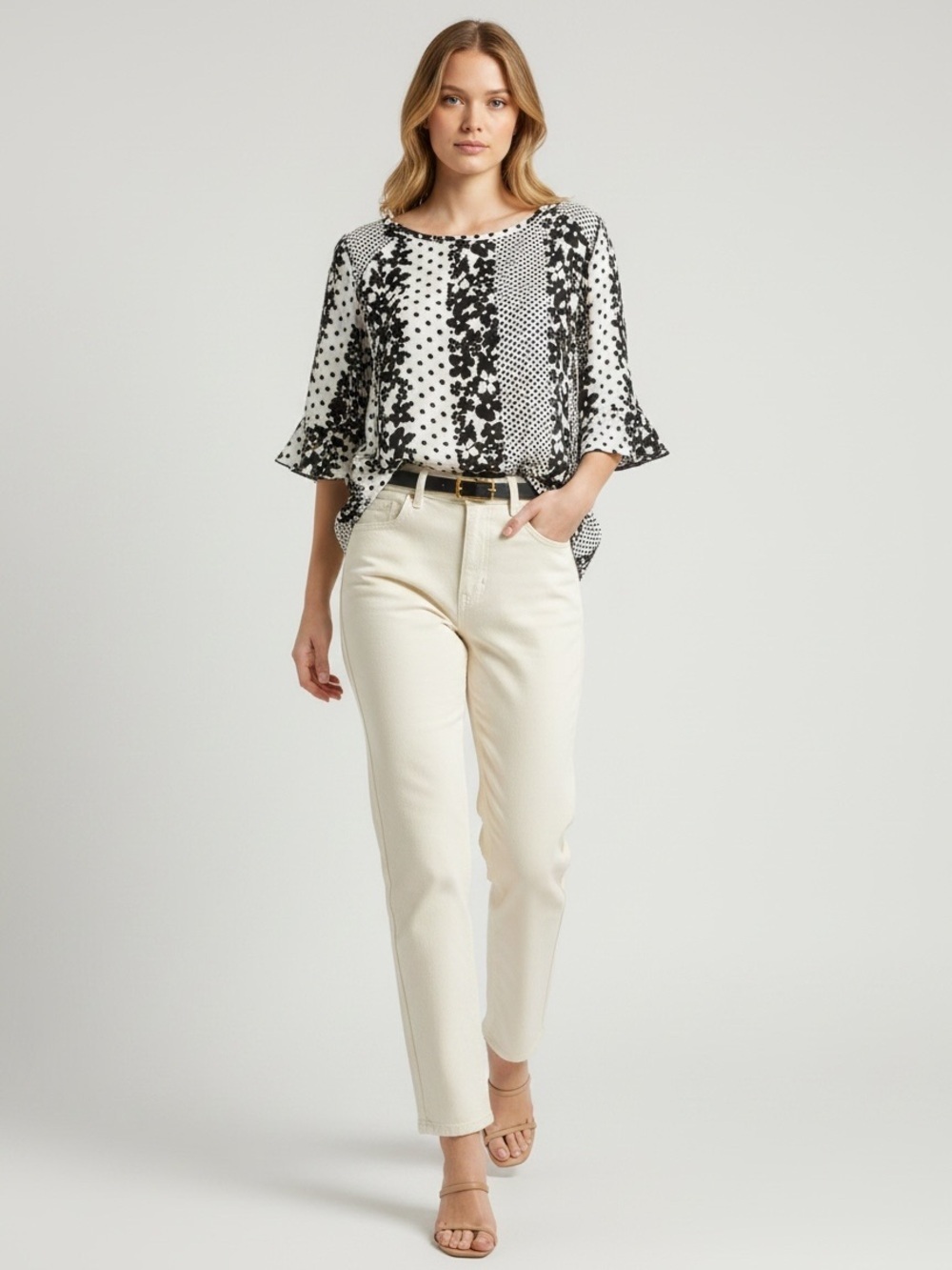 Ricki’s White Black Short Sleeve Sheer Blouse Flowy Ruffle Sleeves Size Small